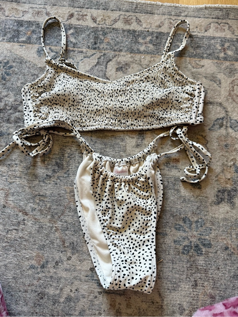 Smocked Spotted Two-Piece Bikini Set - Cream/Black